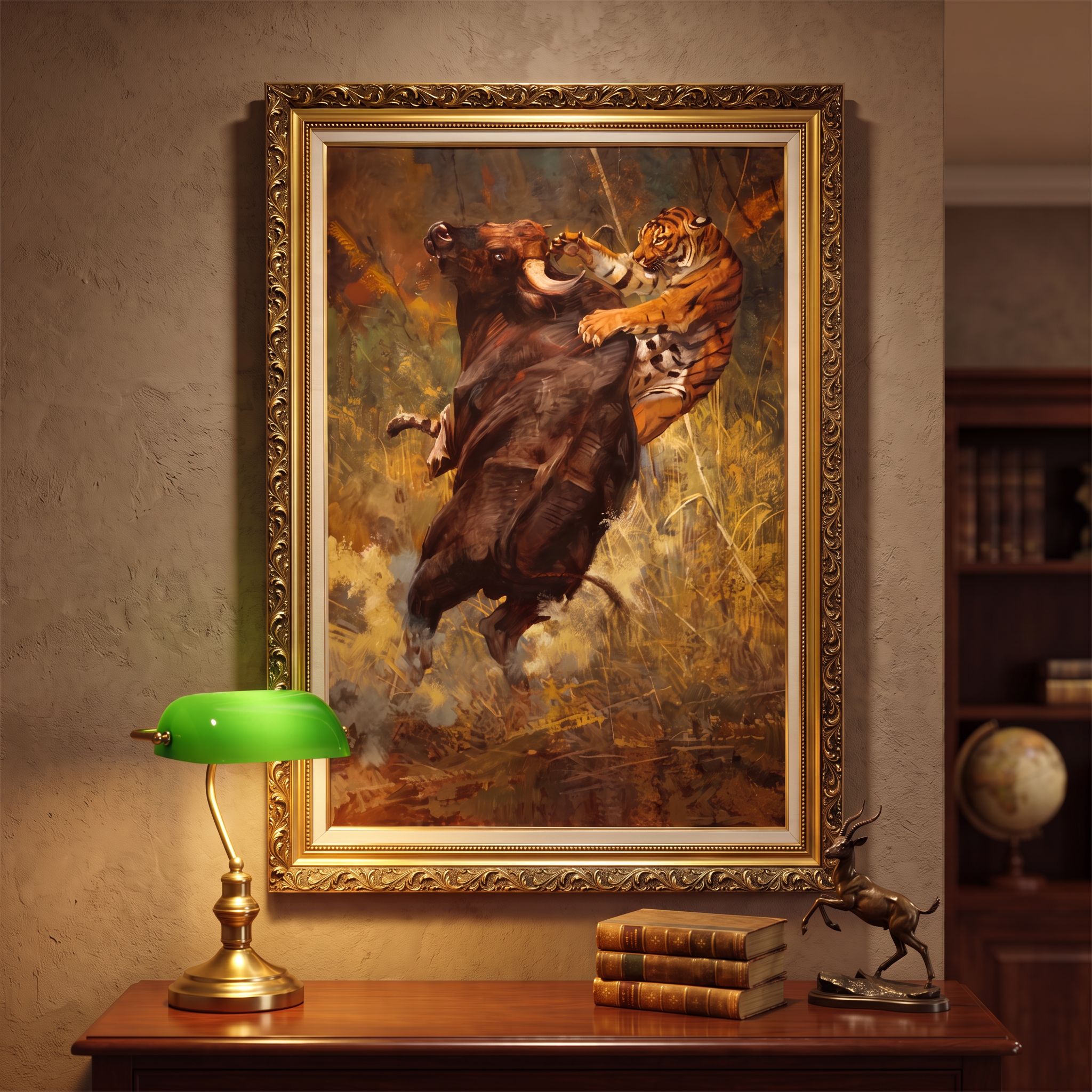 The Reckoning shown in an ornate carved gilt frame above a mahogany console in a traditional collector's study